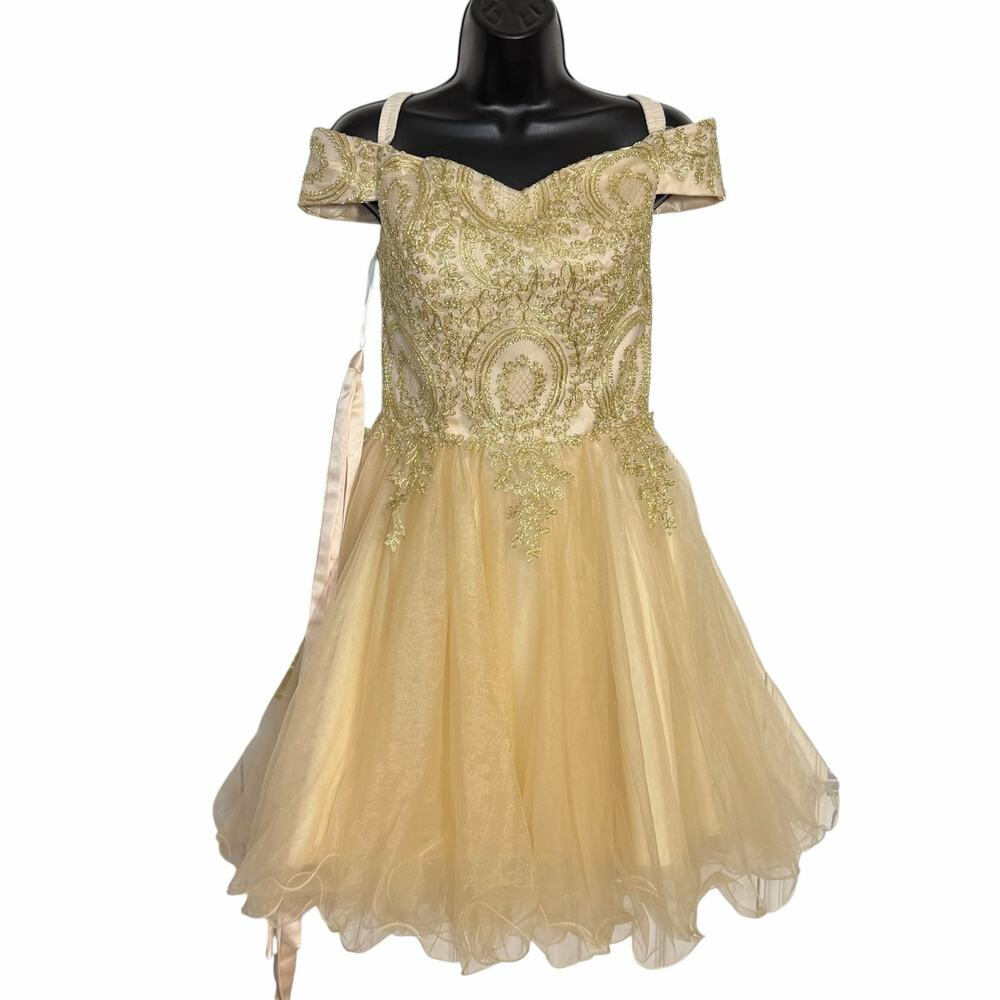 NWT Champagne Gold Tulle Homecoming Dress Lace Corset Off Shoulder Prom Size 10